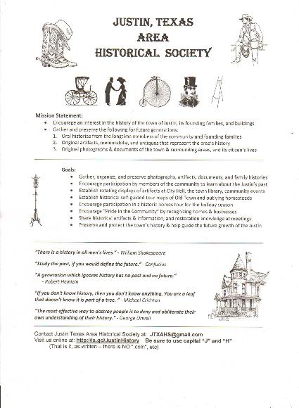 Click here to download a 1 page Justin Tx Area Historical Society informational Recruitment Poster/Handout