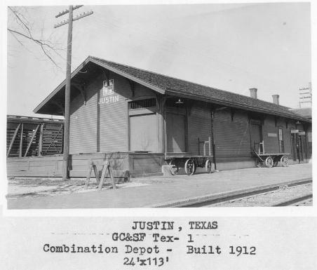 Gulf Colorado & Santa Fe Railway Company depot at Justin, Texas circa 1931