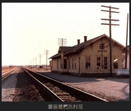 Gulf Colorado & Santa Fe Railway Company depot at Justin, Texas circa 1979