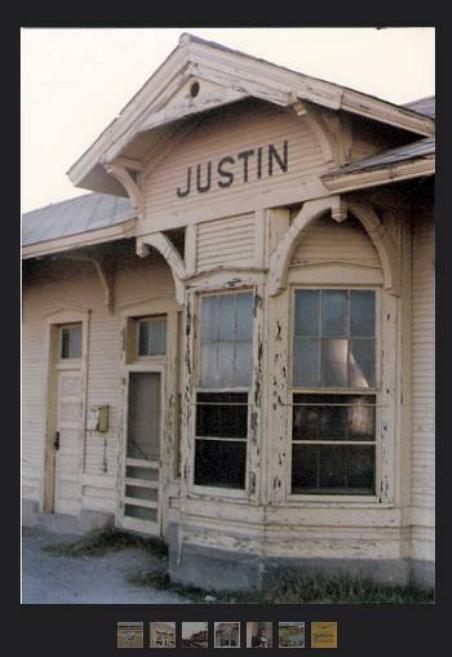 Gulf Colorado & Santa Fe Railway Company depot at Justin, Texas circa 1979